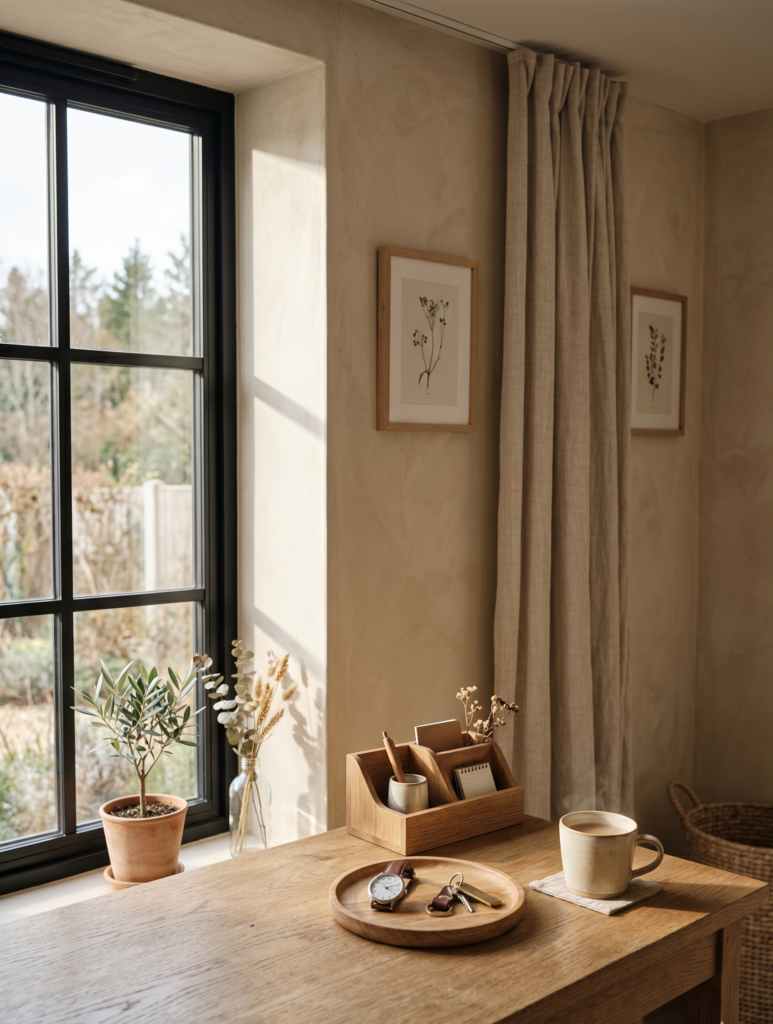 Warm, handcrafted wooden home essentials styled in a modern living space