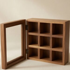 Wooden Spice Organizer — open lid, nine-compartment grid, natural window light