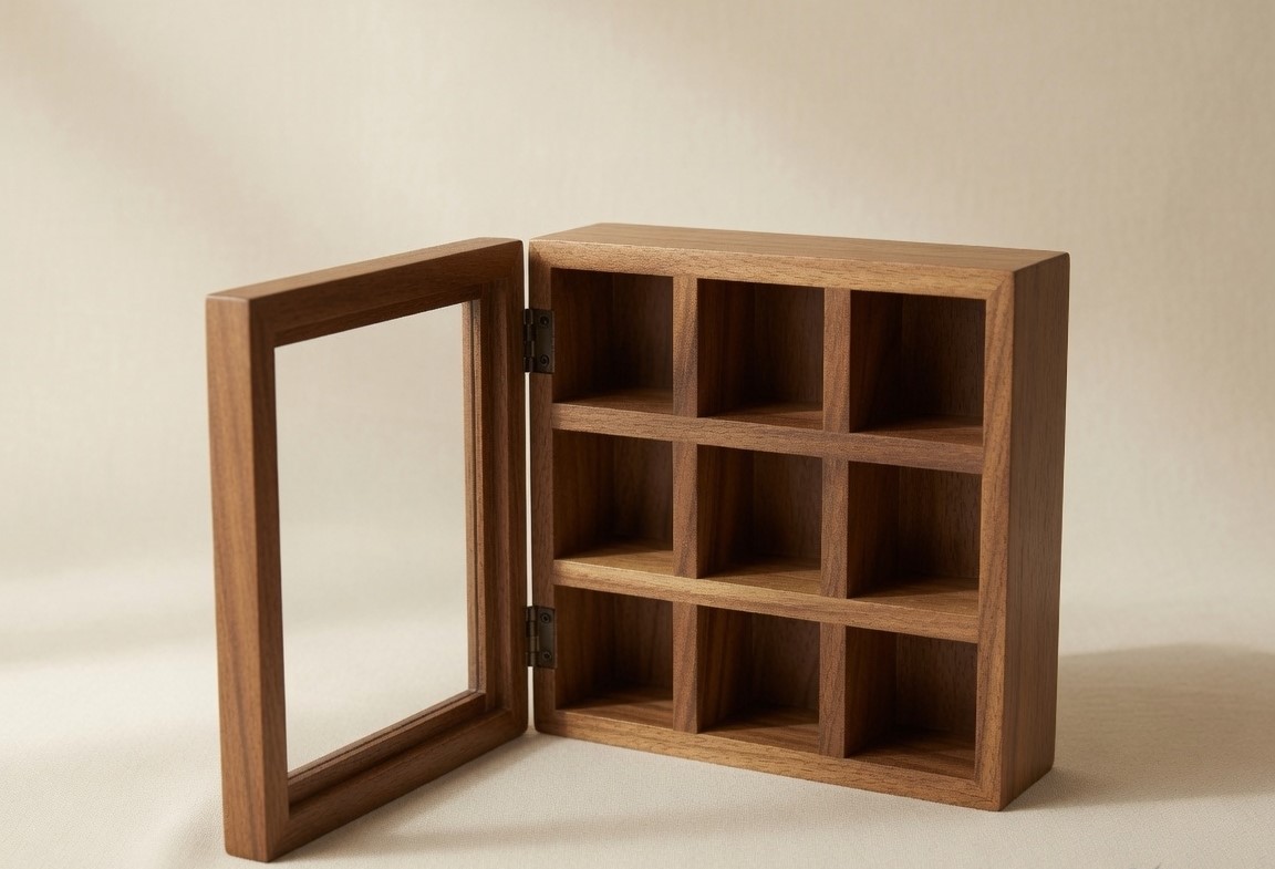 Wooden Spice Organizer — open lid, nine-compartment grid, natural window light