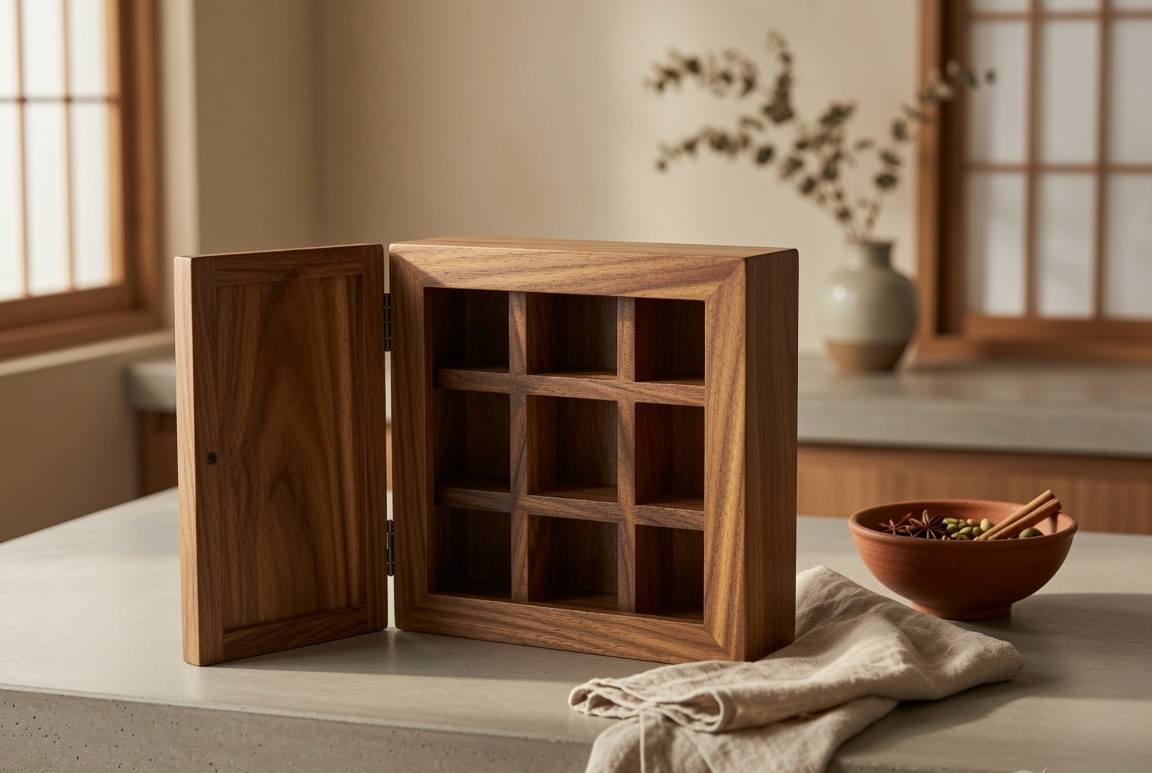Wooden Spice Organizer — open lid, in a lived-in kitchen setting