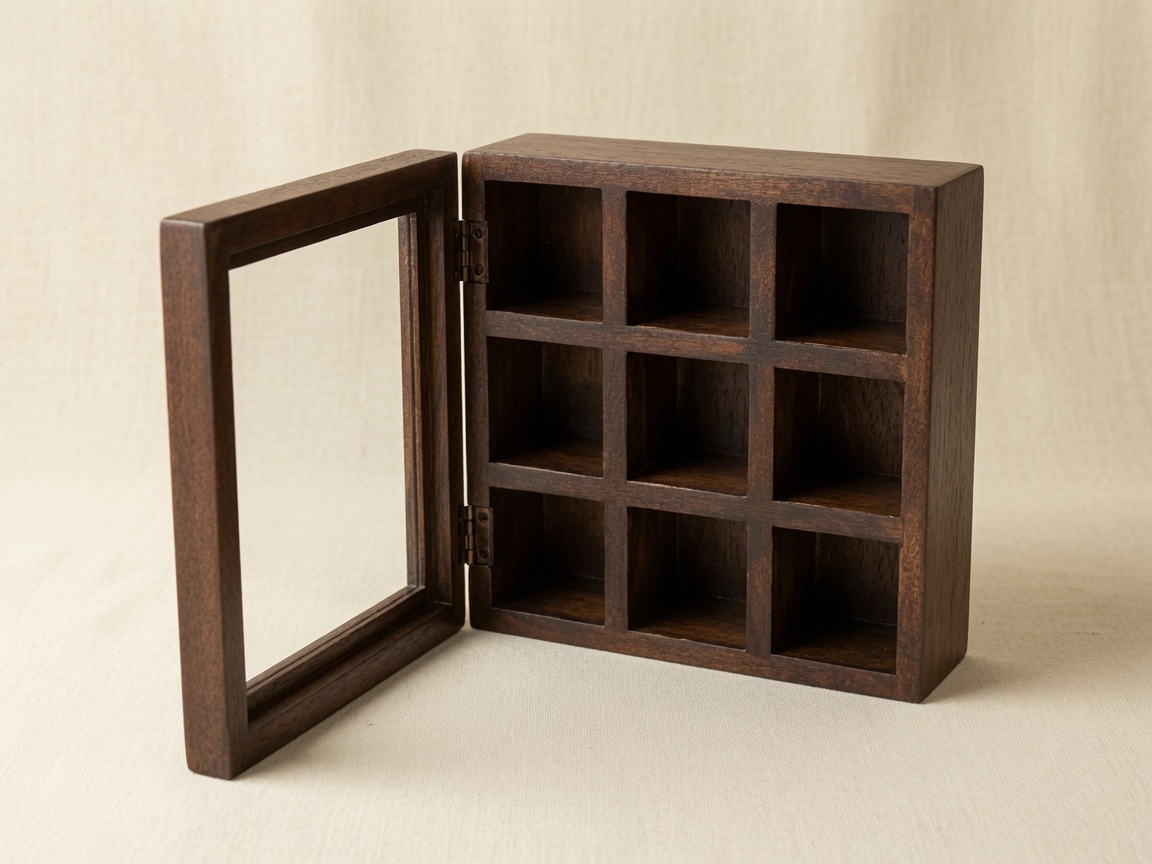 Wooden Spice Organizer — open lid, straight-on view of the nine compartments