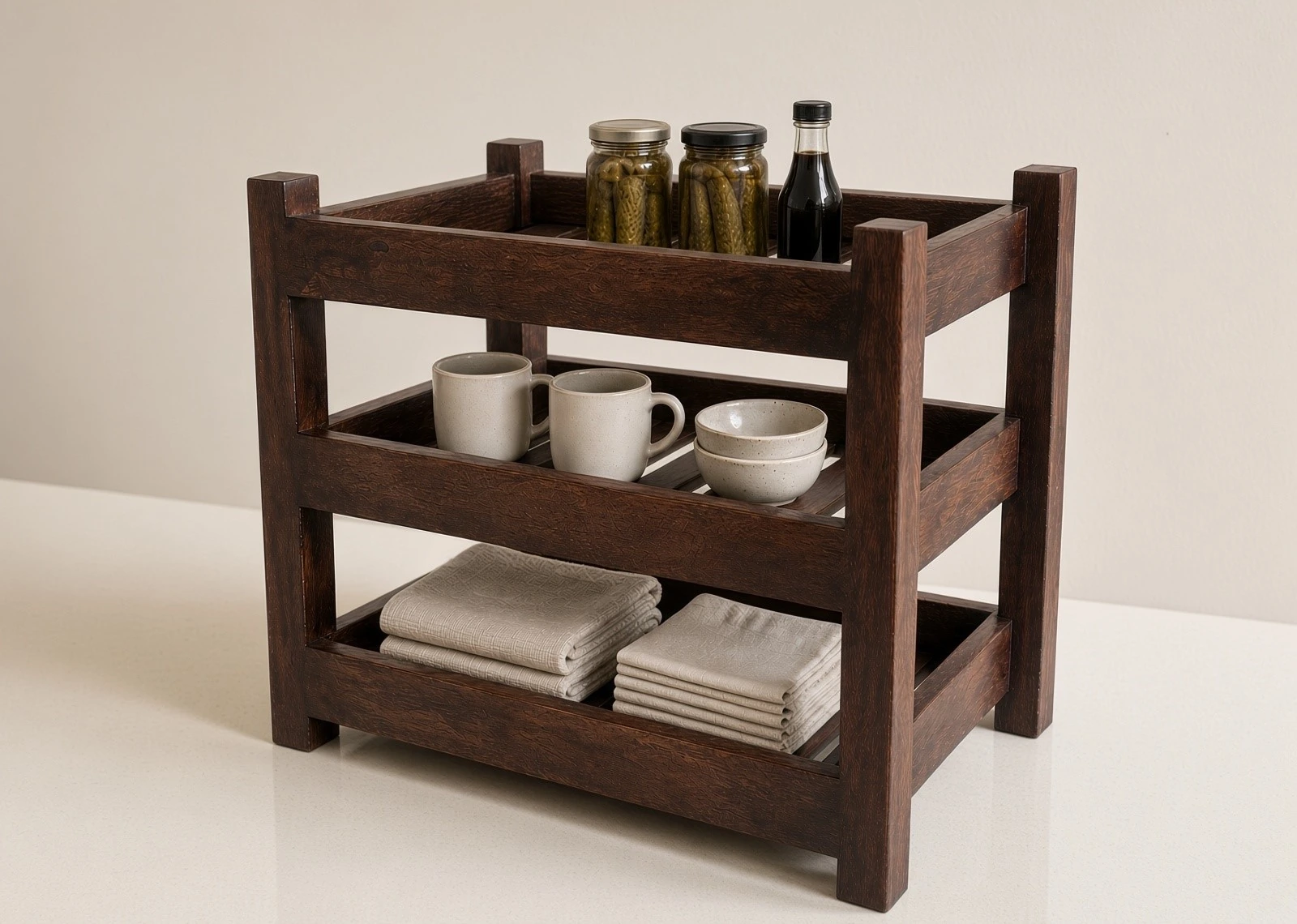 wooden kitchen rack with pickle jars cups and kitchen towels