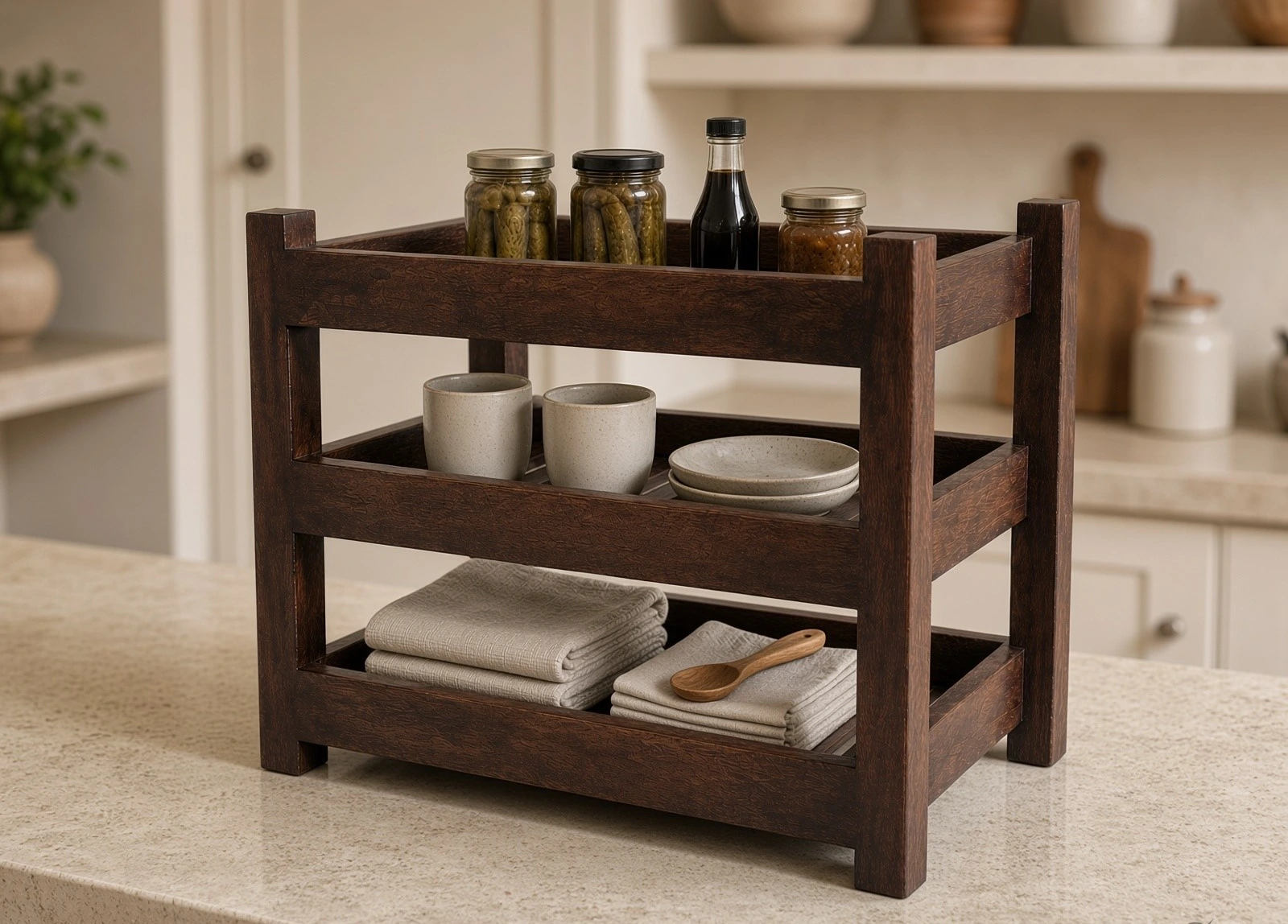 3-tier kitchen storage rack in a kitchen