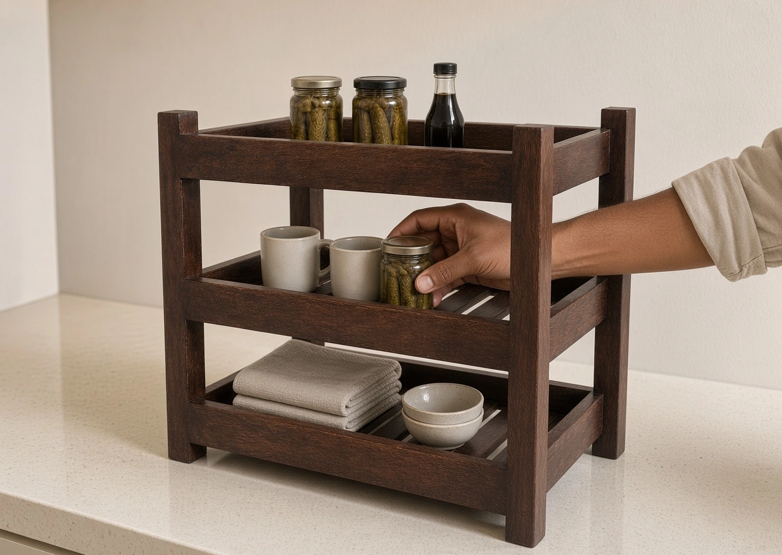hand accessing jar from wooden kitchen storage rack