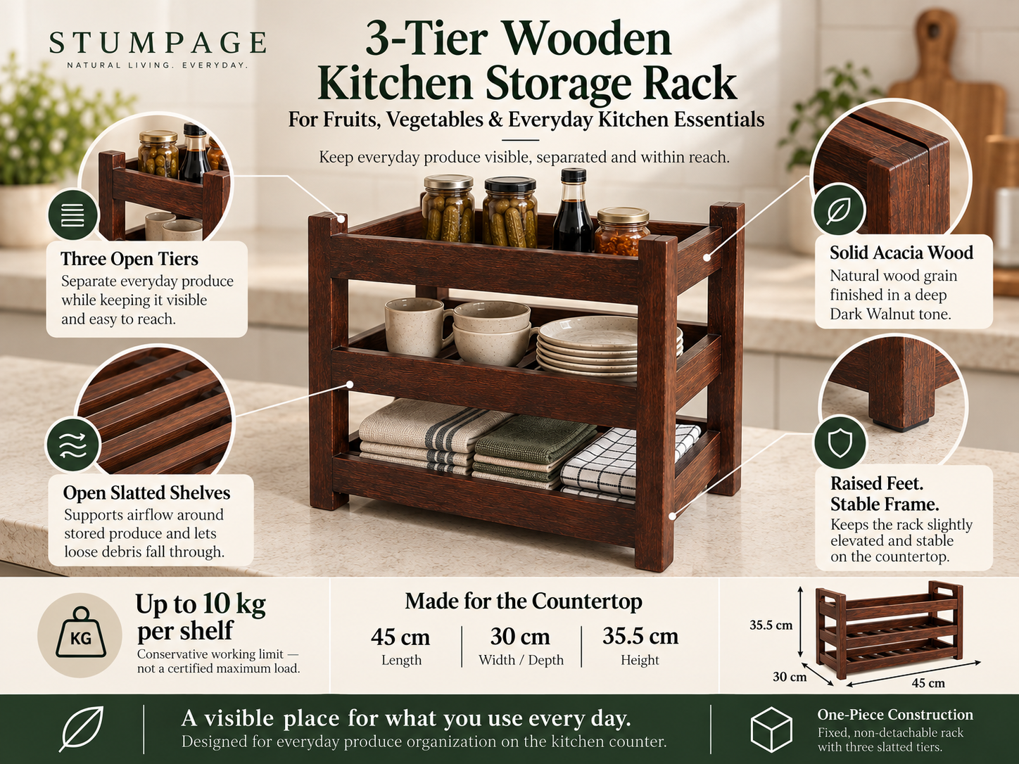 3-tier wooden kitchen storage rack with open slatted shelves, solid acacia wood construction and dimensions