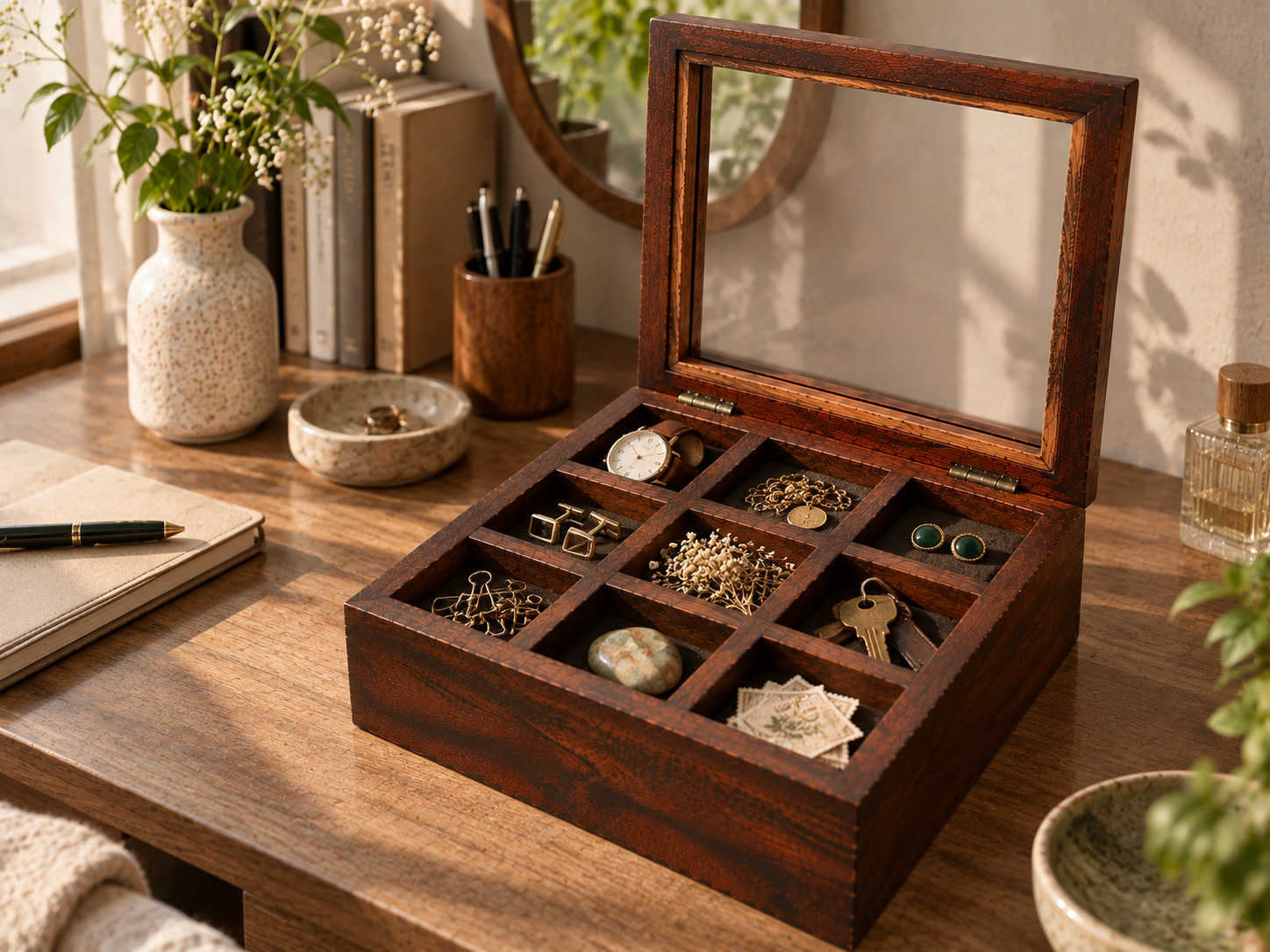 Wooden spice organizer used to keep everyday kitchen items organized