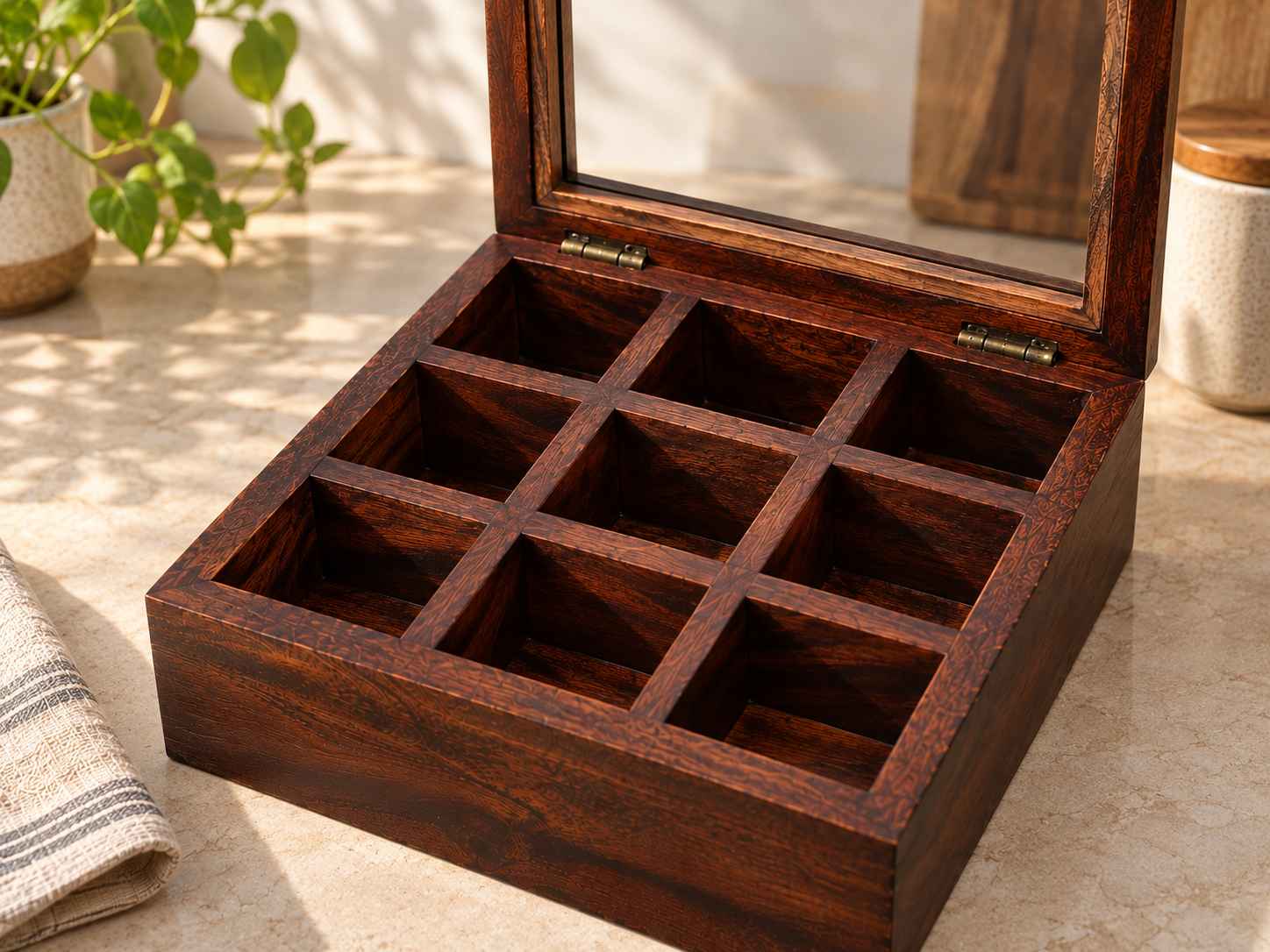 Hand opening a wooden spice organizer