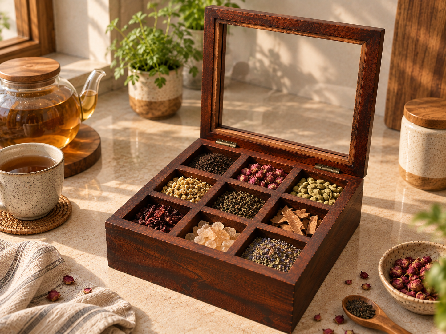 Close-up of the hinged glass lid of the wooden spice organizer