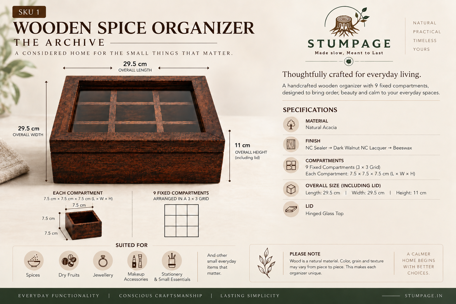 STUMPAGE Wooden Spice Organizer product dimensions and specifications