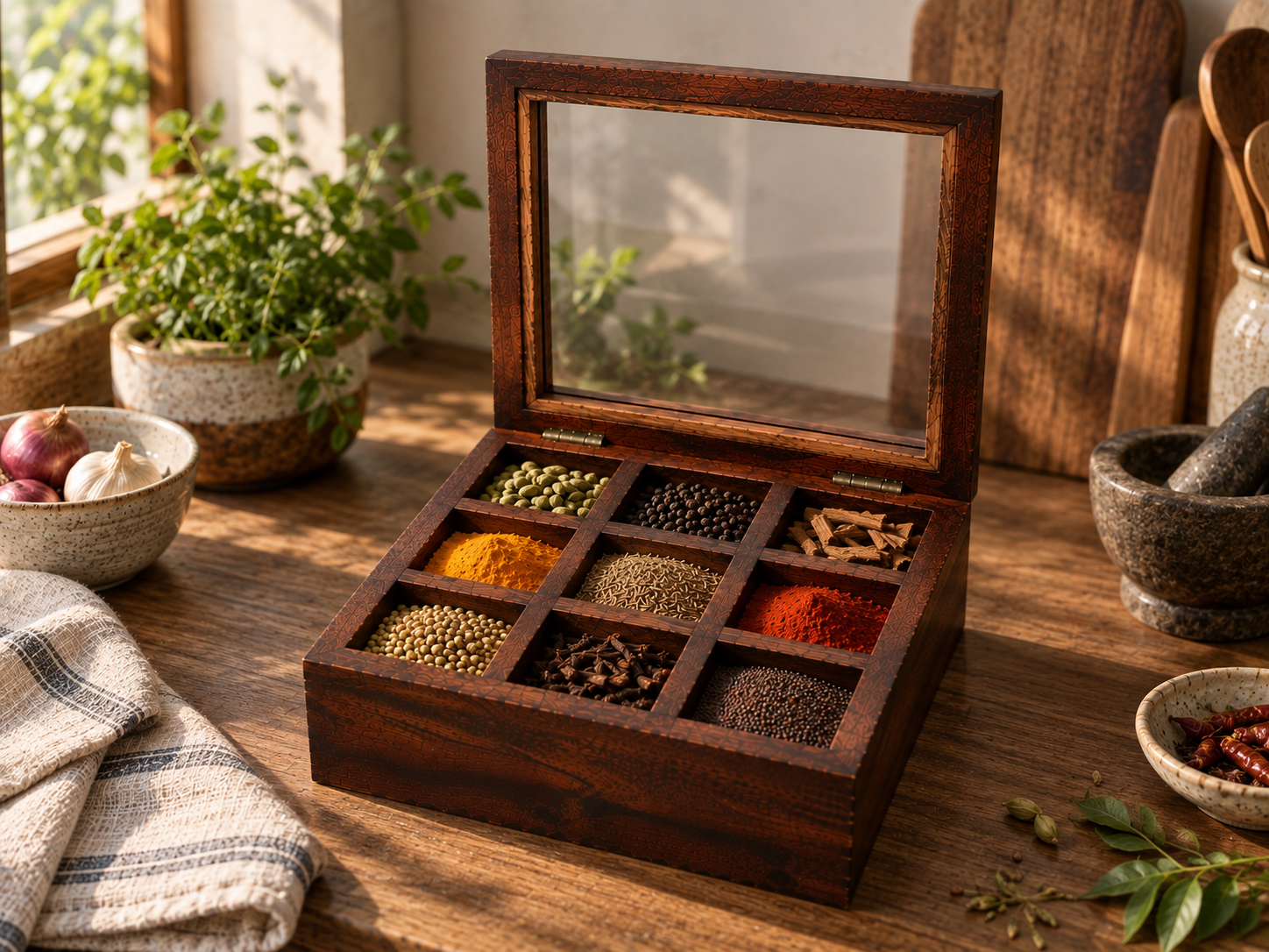 Wooden spice organizer in a naturally lit kitchen setting