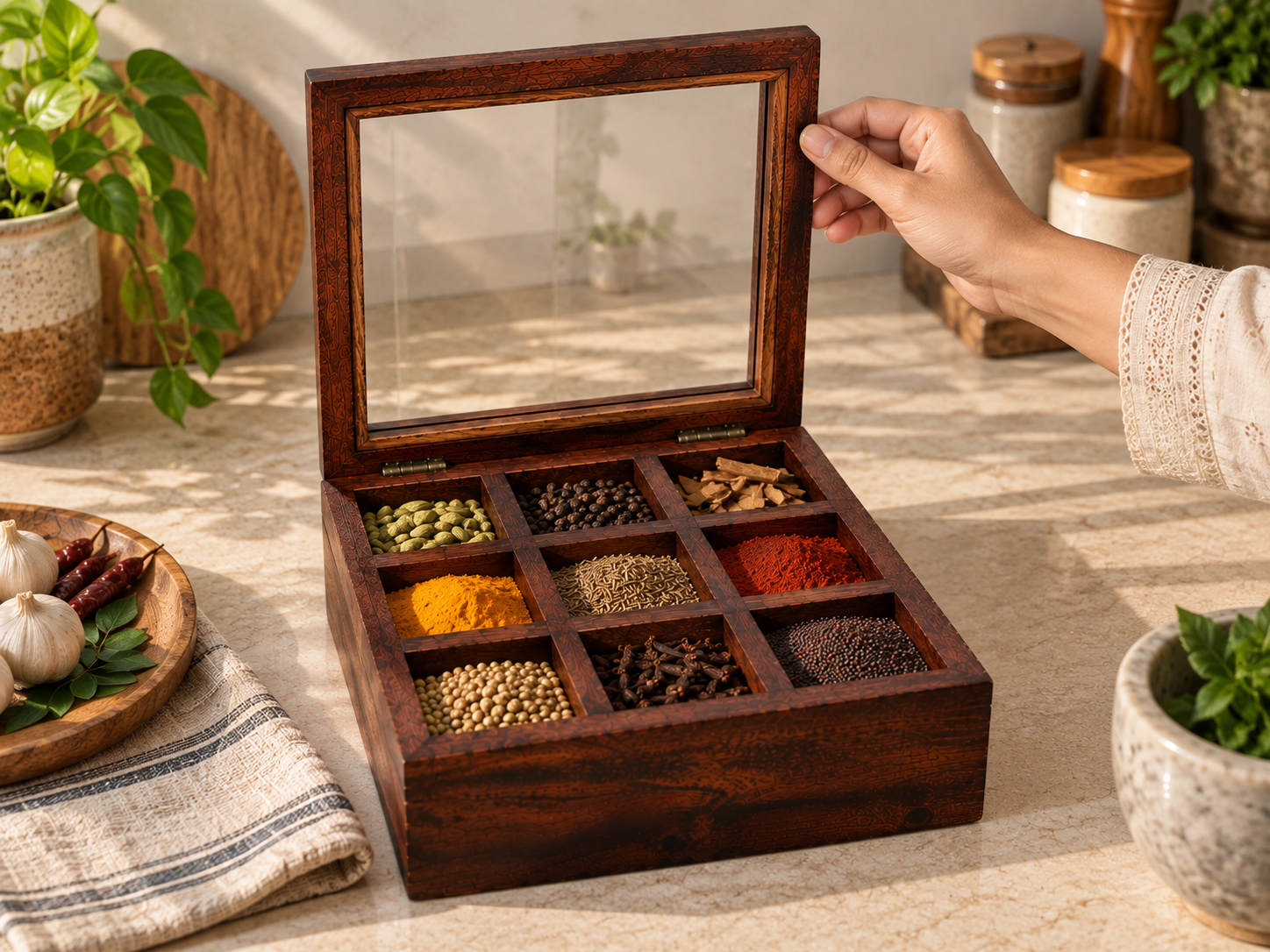 Close-up of the wood grain and finish of the wooden spice organizer