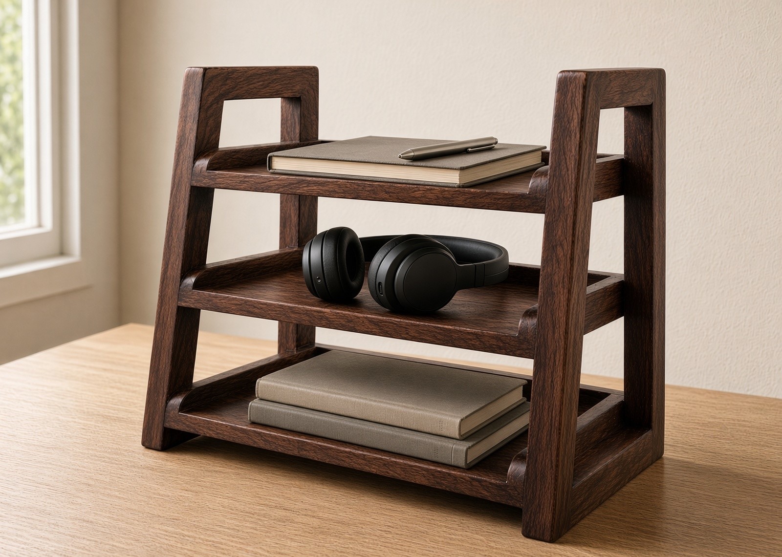 3-Tier Wooden Shelf Organizer organizing everyday desk essentials