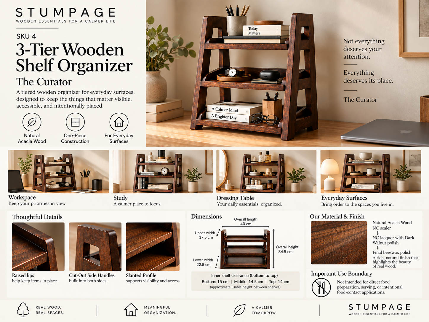 3-Tier Wooden Shelf Organizer product details, dimensions and material