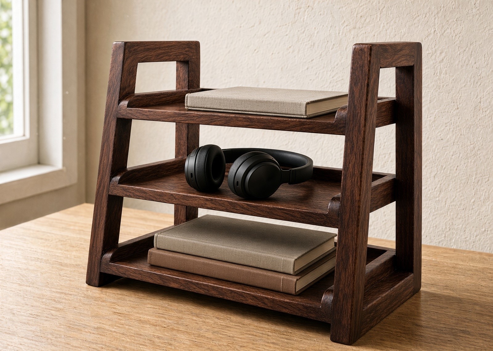 3-Tier Wooden Shelf Organizer holding everyday workspace items