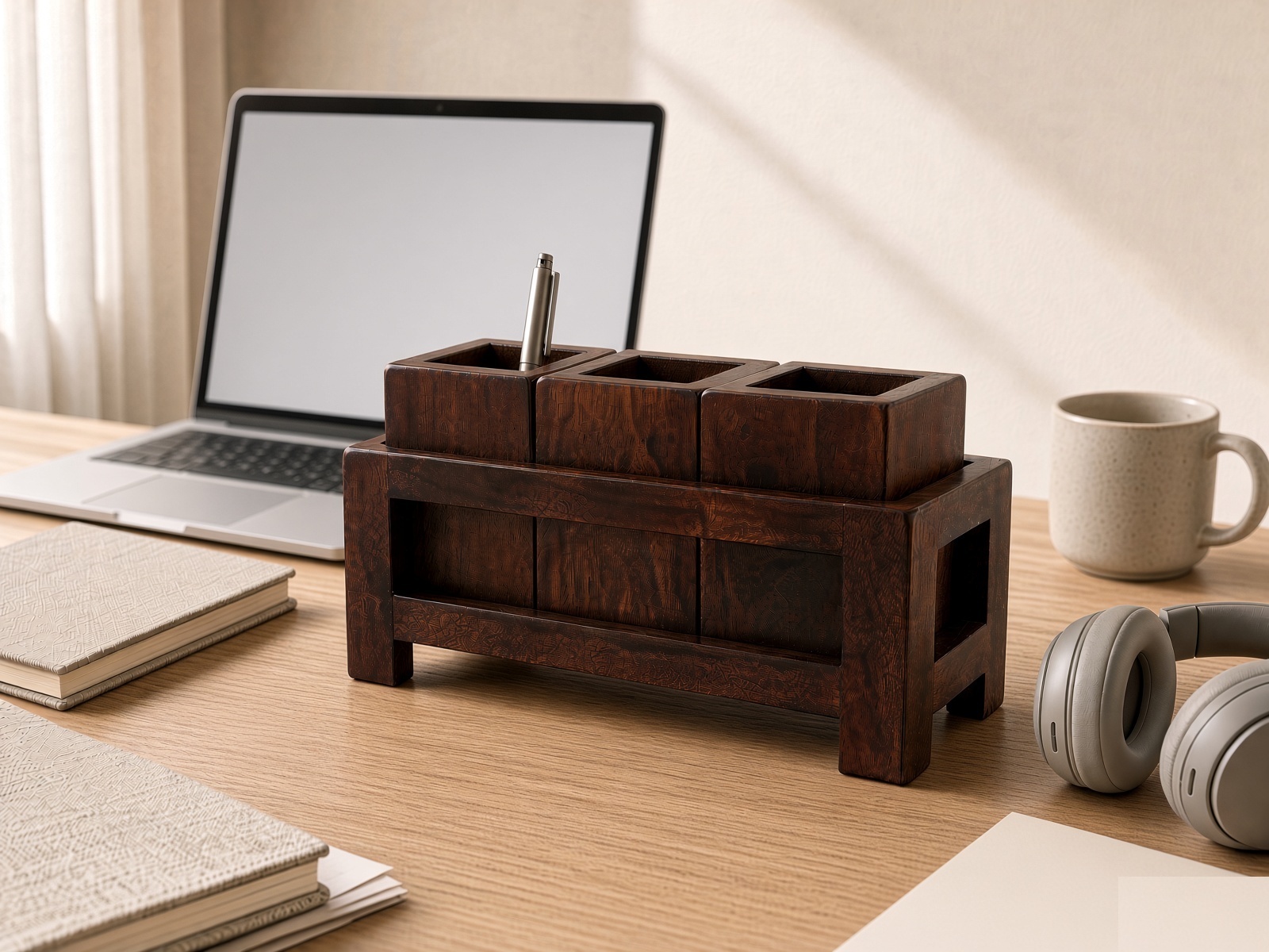 Wooden multi-compartment organizer on a desk in front of an open laptop with notebooks and headphones nearby
