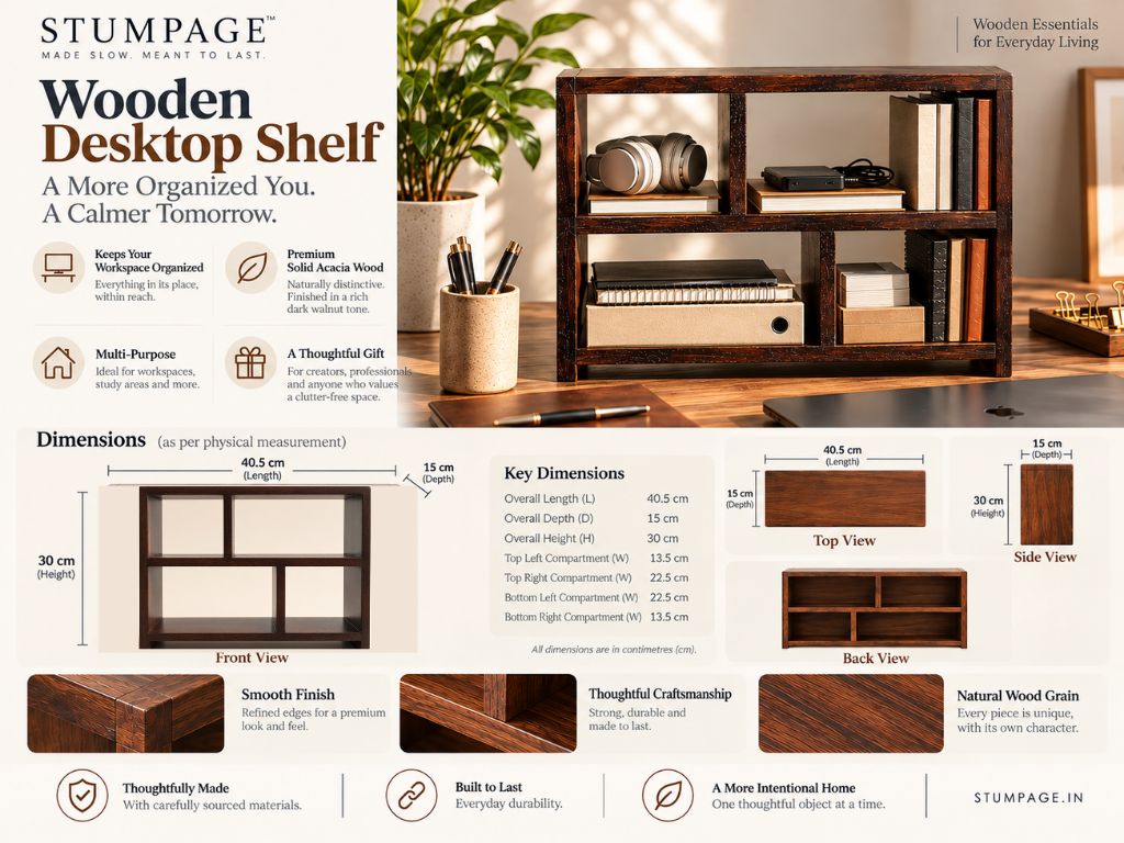 Wooden Desktop Shelf dimensions and workspace organization infographic
