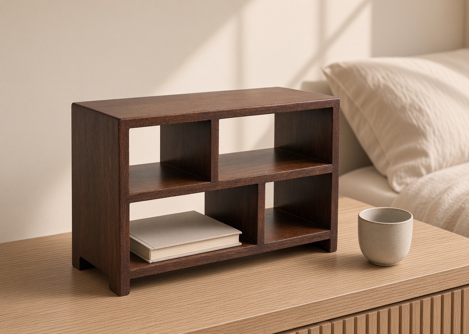 Wooden Desktop Shelf beside a bed holding a book and a ceramic cup