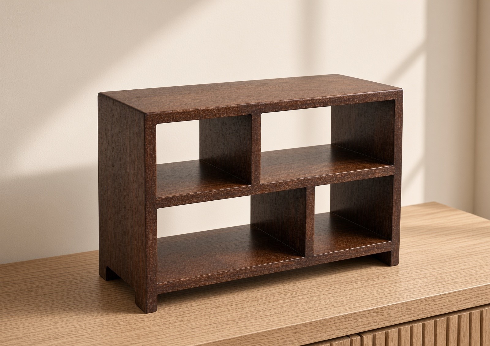 Wooden Desktop Shelf in dark walnut finish styled on a wood credenza