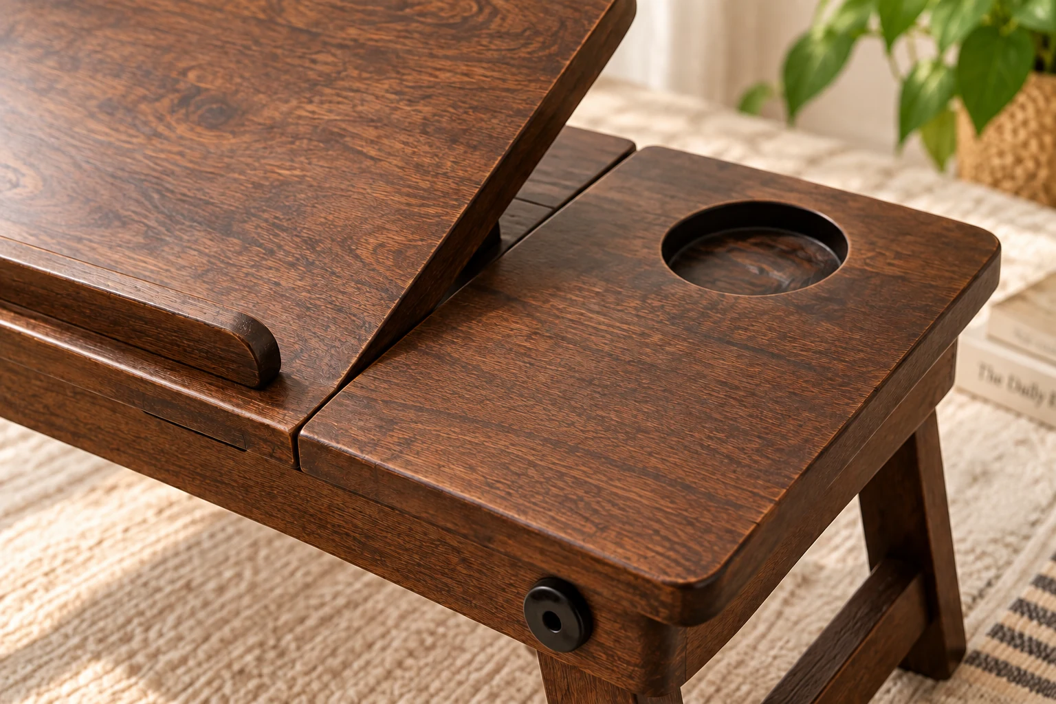 Close-up of wooden laptop table showing cup holder and raised pen slot