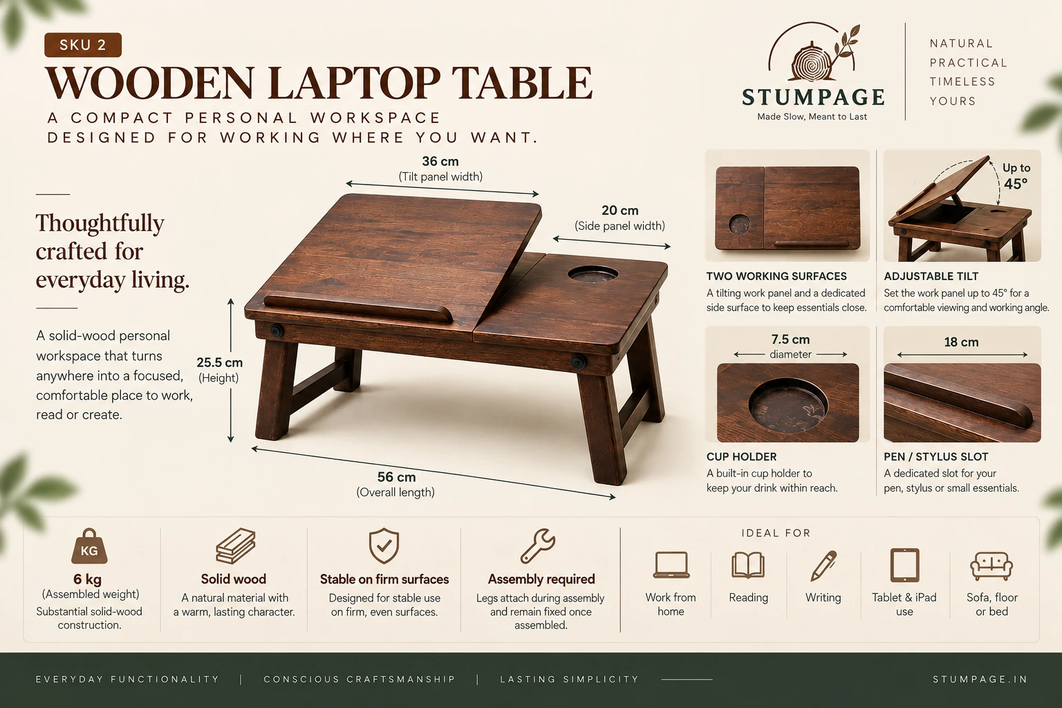 Wooden laptop table dimensions, adjustable tilt and key product features
