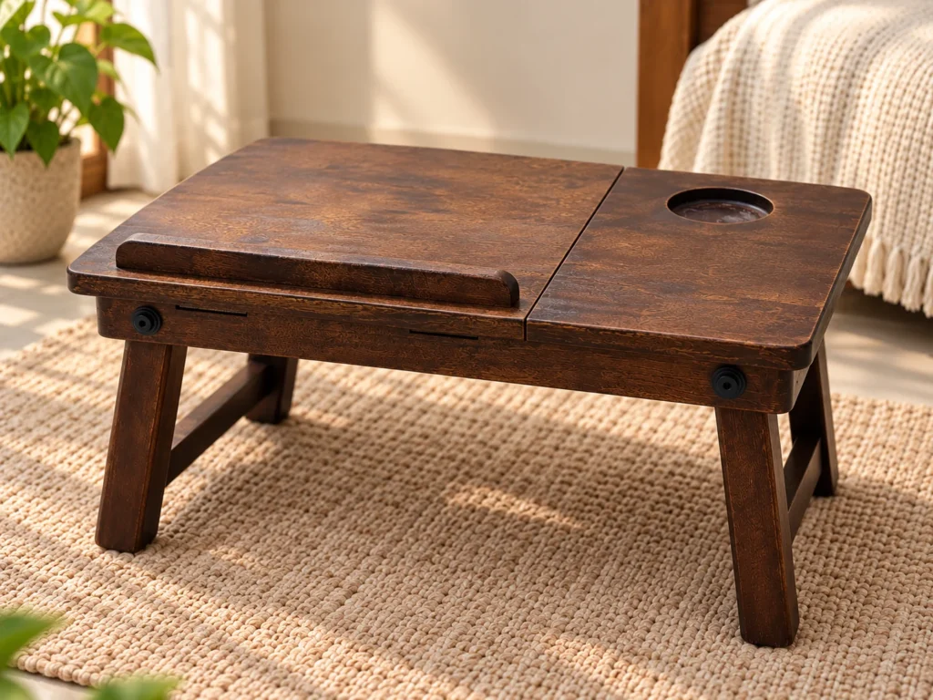 Wooden laptop table shown from the front with cup holder on the right