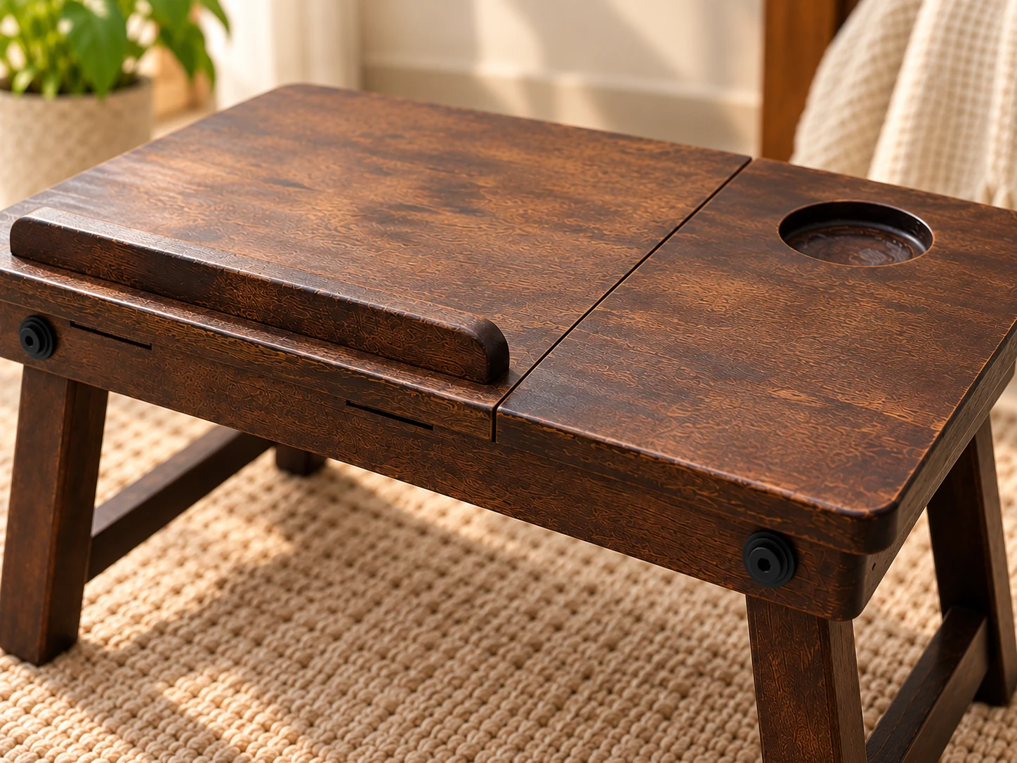 Wooden laptop table styled in a calm home interior
