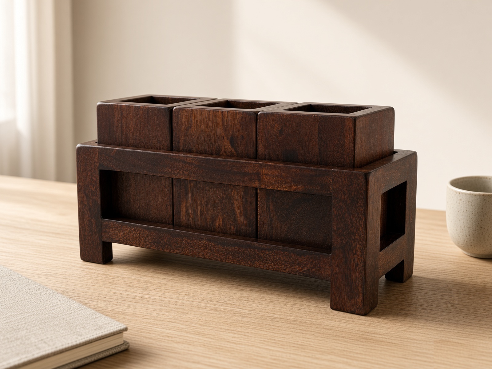 Three-quarter angle view of the wooden multi-compartment organizer showing the fixed frame and three removable containers