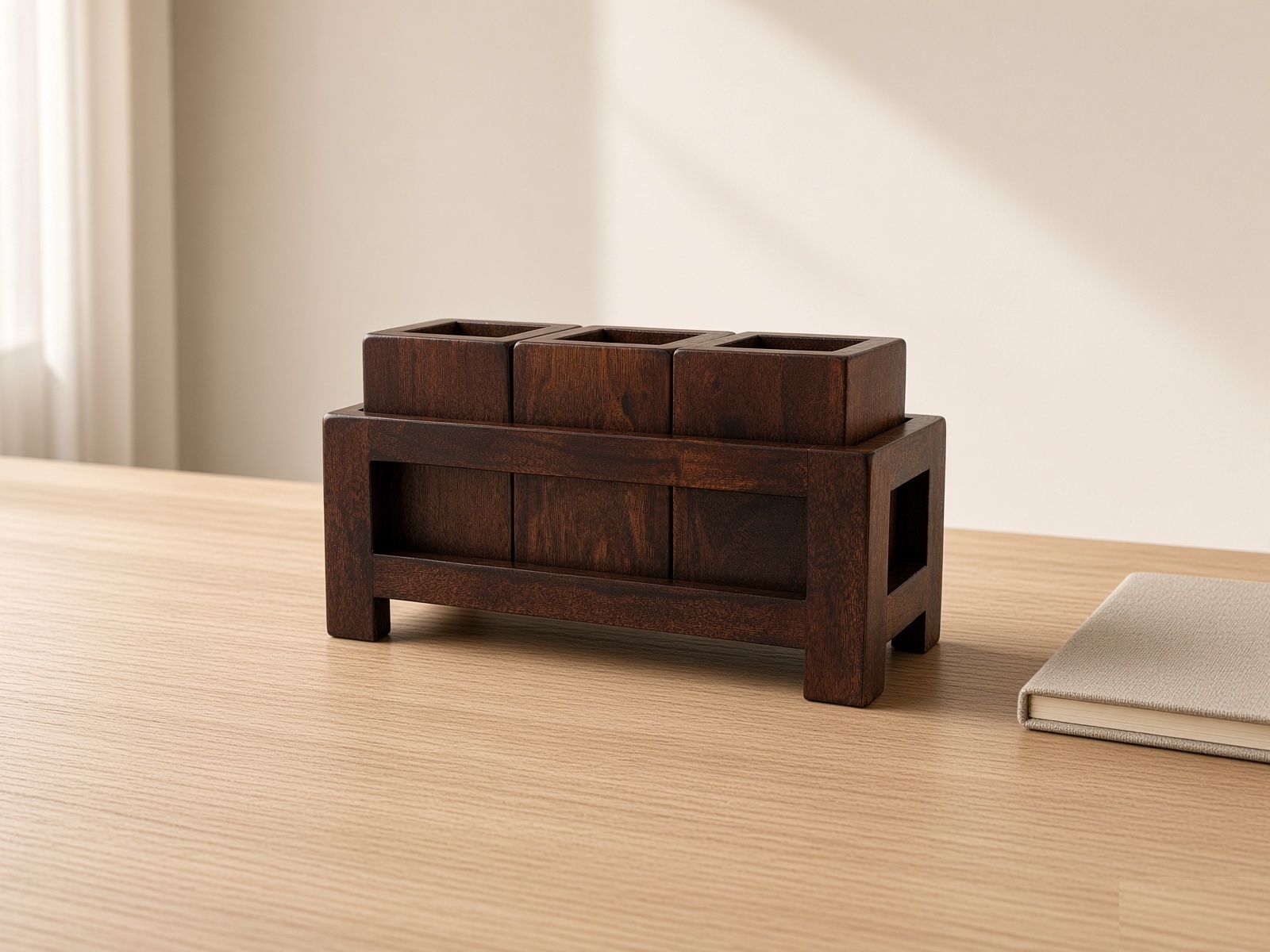 Close-up detail of the wooden multi-compartment organizer showing natural Acacia wood grain and joinery