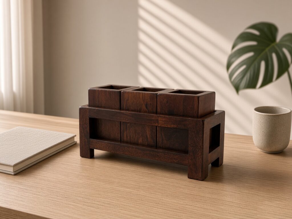 STUMPAGE wooden multi-compartment organizer with three removable containers on a desk beside a laptop and mug